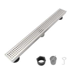 24 Inch Linear Shower Drain with Removable Square Patterned Grate, 304 Stainless Steel with Hair Strainer and Leveling Feet, Brushed Nickel (Option: Default title)