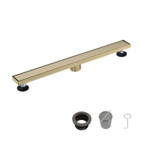 28 Inch Linear Shower Drain With 2-in-1 Flat & Tile Insert Removable Cover, 304 Stainless Steel With Hair Strainer And Leveling Feet, Brushed Gol (Option: defaulttitle)