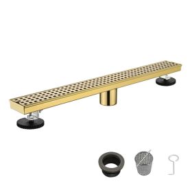 24 Inch Linear Shower Drain with Removable Square Patterned Grate, 304 Stainless Steel with Hair Strainer and Leveling Feet, Brushed Gold (Option: Default title)