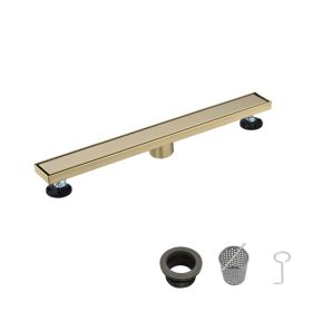 24 Inch Linear Shower Drain With 2-in-1 Flat & Tile Insert Removable Cover, 304 Stainless Steel With Hair Strainer And Leveling Feet, Brushed Gol (Option: defaulttitle)