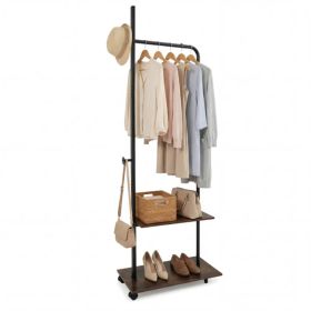 Industrial Rolling Clothing Rack with 2 Wooden Shelves & Hooks, Freestanding Garment Rack for Bedroom Entryway (Option: Default title)