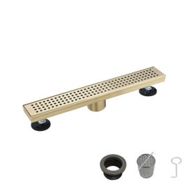 12 Inch Linear Shower Drain with Removable Square Patterned Grate, 304 Stainless Steel with Hair Strainer and Leveling Feet, Brushed Gold (Option: Default title)