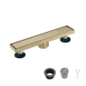 12 Inch Linear Shower Drain with 2-in-1 Flat & Tile Add Removable Cover, 304 Stainless Steel with Hair Strainer and Leveling Feet, Brushed Gold (Option: Default title)