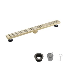 28 Inch Linear Shower Drain with Removable Square Patterned Grate, 304 Stainless Steel with Hair Strainer and Leveling Feet, Brushed Gold (Option: Default title)