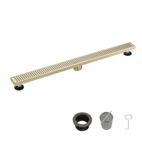 36 Inch Linear Shower Drain with Removable Square Patterned Grate, 304 Stainless Steel with Hair Strainer and Leveling Feet, Brushed Gold (Option: Default title)