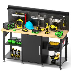 60 Inch Heavy Duty Workbench With Storage Cabinet, Wooden Top, 2000 Lbs Capacity, Large Garage Work Table With Pegboard, Power Outlet (Option: Black)