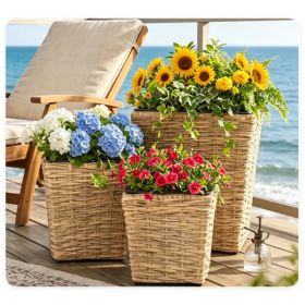 3-Piece Nested Rattan Planter Set, UV Resistant PP Wicker Plant Boxes with Removable Liner & Drainage Holes for Indoor Outdoor Garden Patio (Option: Default title)