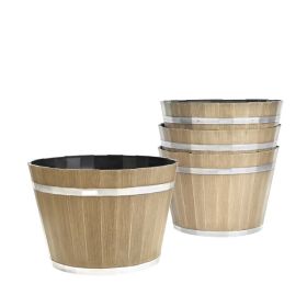 Set of 4 Large 11.81-inch Whiskey Barrel-Style Planters with Drainage Holes, Durable Plastic Flower Pots for Indoor and Outdoor Use, Rustic Brown (Option: Default title)