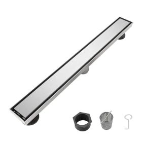 24 Inch Linear Shower Drain with 2-in-1 Flat & Tile Add Removable Cover, 304 Stainless Steel with Hair Strainer and Leveling Feet, Brushed Nickel (Option: Default title)
