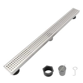28 Inch Linear Shower Drain with Removable Square Patterned Grate, 304 Stainless Steel with Hair Strainer and Leveling Feet, Brushed Nickel (Option: Default title)